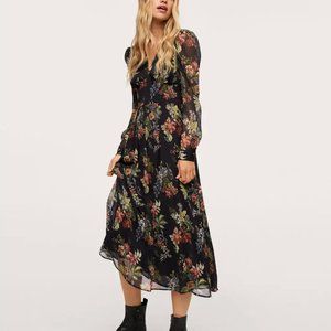 MANGO | Black Sheer Flowy Floral Print Midi V-Neck Dress